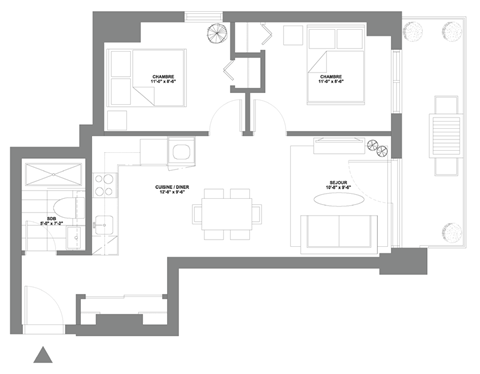Floor plan for 2 beds, 1 bath, 592 sqft